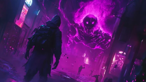 Hooded figure confronts massive purple energy creature