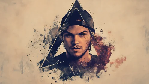 Intense urban portrait within fractured triangle frame.