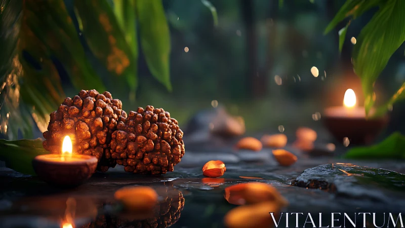 Candlelit nuts and seeds form a cinematic jungle still life