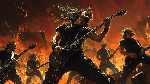Metal guitarists dominate infernal stage in blazing orange light.