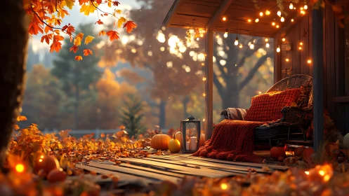 Golden autumn porch glow with pumpkins and soft blankets.