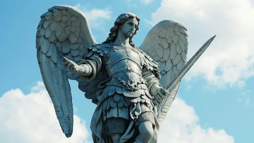 Winged warrior angel statue holding sword against sky.