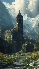 Old stone church in alpine valley with wildflower meadow.