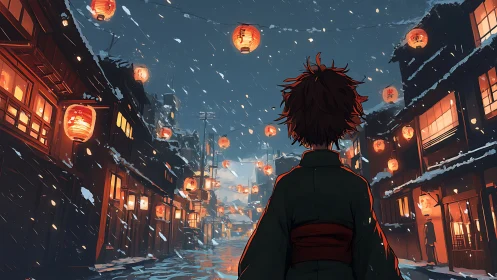 Solitary figure in snowy lantern lit traditional street.