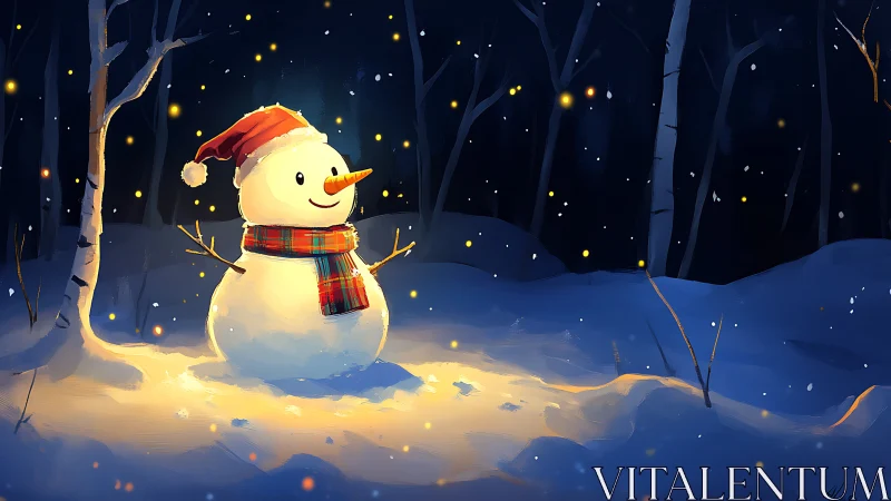 Snowman in illuminated winter forest rendered as digital painting