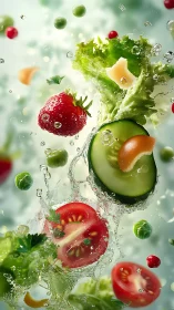 Mixed salad ingredients in suspended water splash composition.