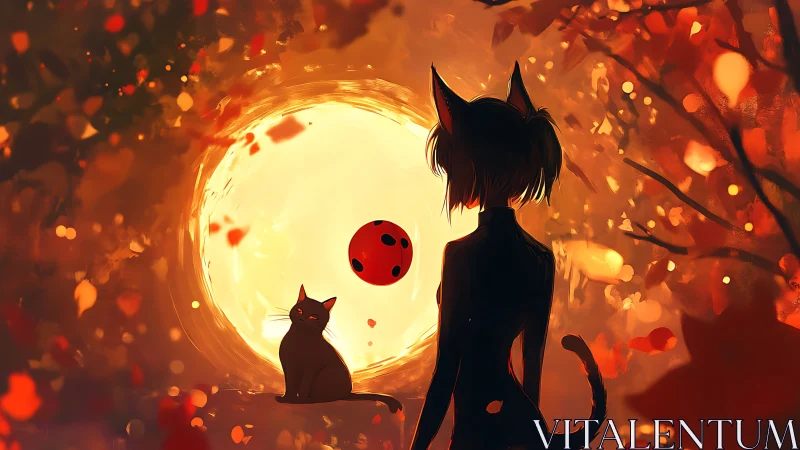 Silhouetted cat figure and cat before glowing circular light.