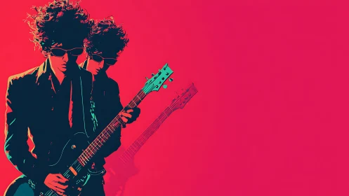Dual neon guitarist silhouette in bold pop art style.