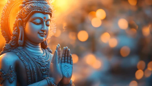 Serene blue deity statue glows amid golden bokeh light