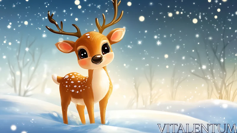 Snowlit baby deer illustration under gentle winter sky.