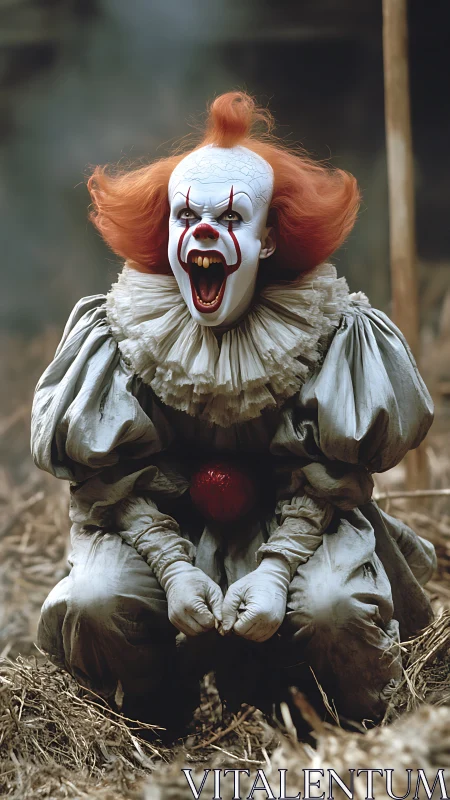 Scary clown crouching and screaming in a desolate field.