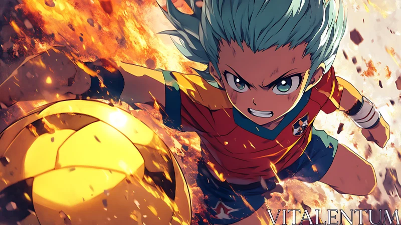 Fiery young soccer hero launches a powerful blazing kick