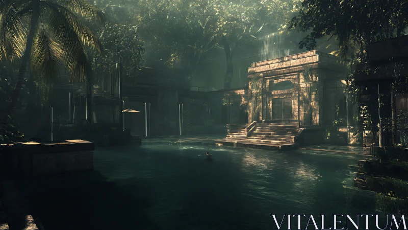 Sunken jungle sanctuary where ruins drink quiet light.