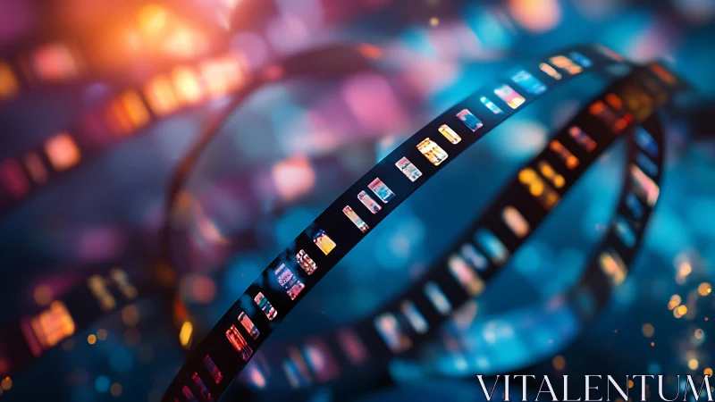 Gently glowing film strips curl through dreamy neon light