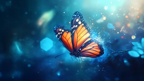 Midnight monarch butterfly drifting through glowing stardust.
