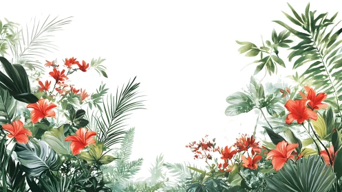 Tropical scarlet lilies edging lush green foliage frame.