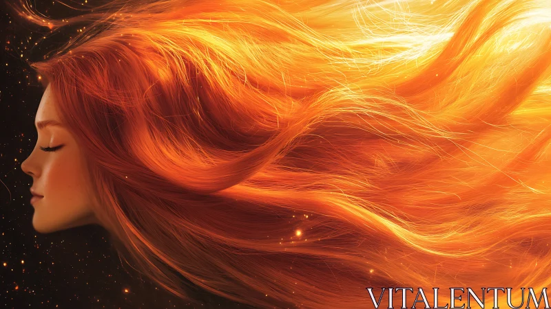 Fiery red hair flows like solar flares through darkness.