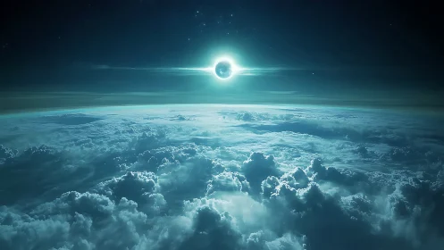 Eclipsed sun glows above ethereal cloud ocean in space.
