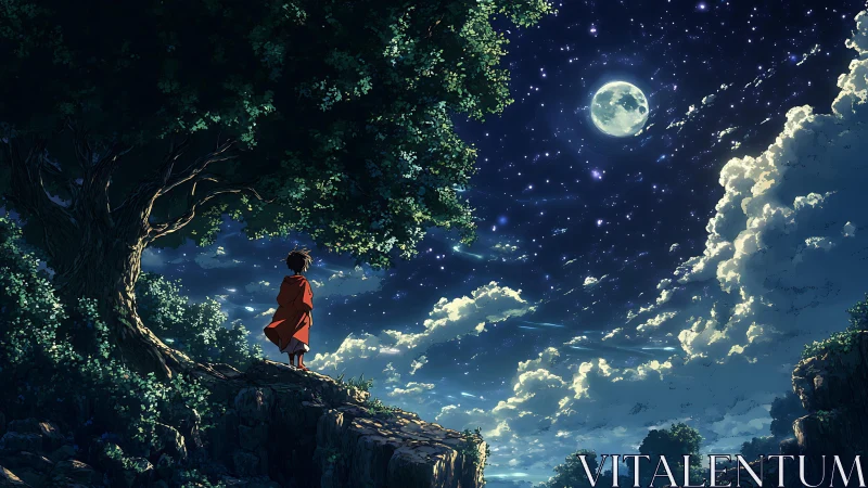 Solitary child under tree studies high-luminance moonlit sky