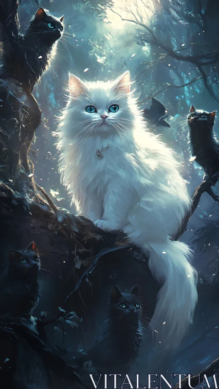 White Cat Guardian with Black Felines in Mystical Forest Setting.