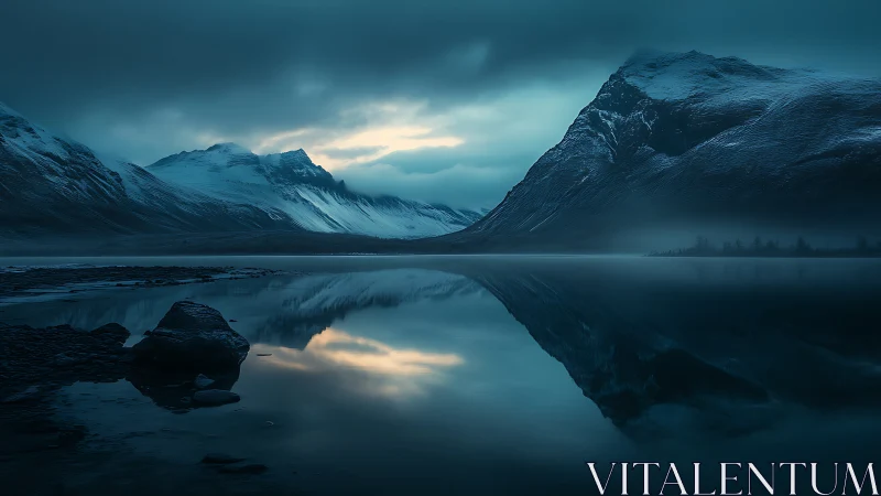 Snowbound mountains reflect over still arctic lake at dusk