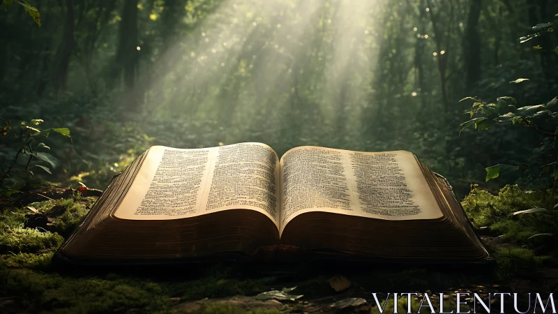 Ancient illuminated book rests on moss in glowing forest light.