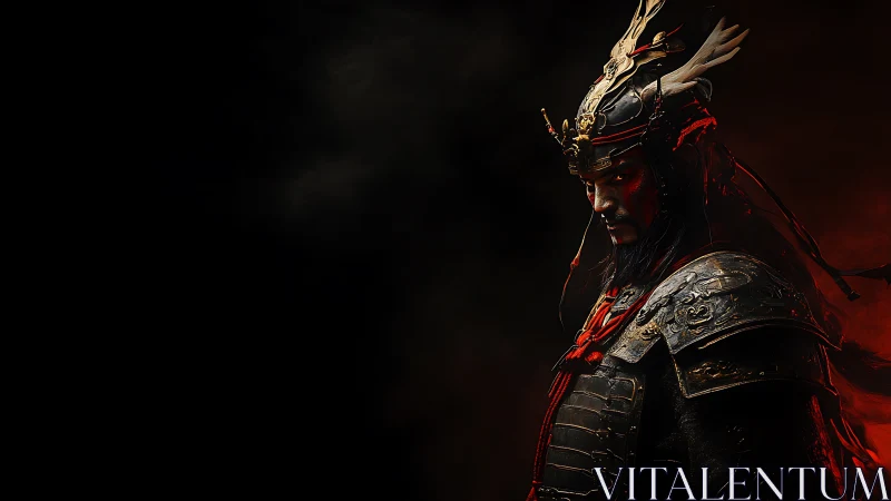 Shadowed warlord in ember-lit samurai battle regalia.