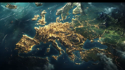 Glowing night map of Europe celebrates cities, coasts and light