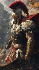 Bronzed war titan strides through embers and swirling leaves