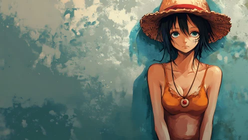 Melancholic anime girl in straw hat against textured wall.