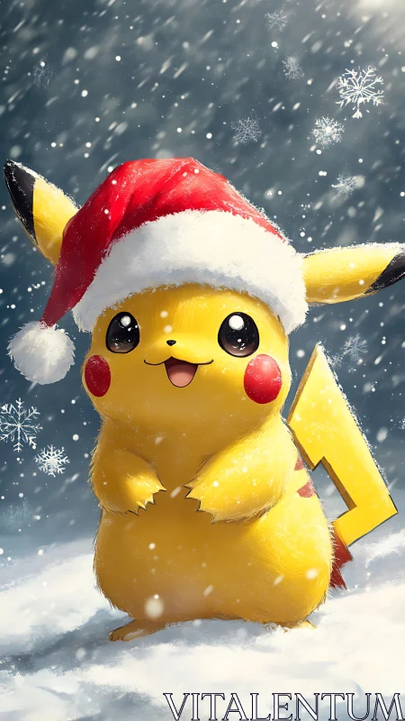 Pikachu in red Santa hat standing in falling winter snow.