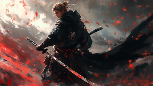 Lone samurai readies his blade amid a storm of red embers