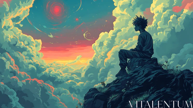 Sky-dreaming wanderer perched above neon-tinted cloud oceans.