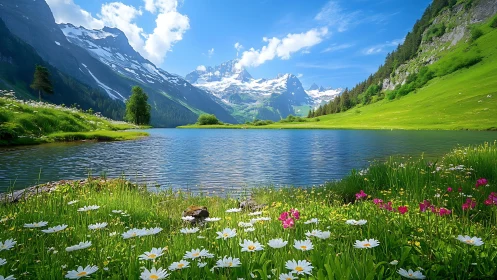 Alpine lake with wildflowers, snowcapped peaks, and green slopes.