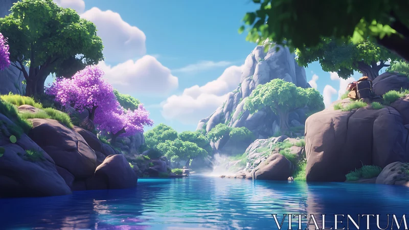 Luminous Canyon Landscape with Crystalline Waters and Flowering Vista