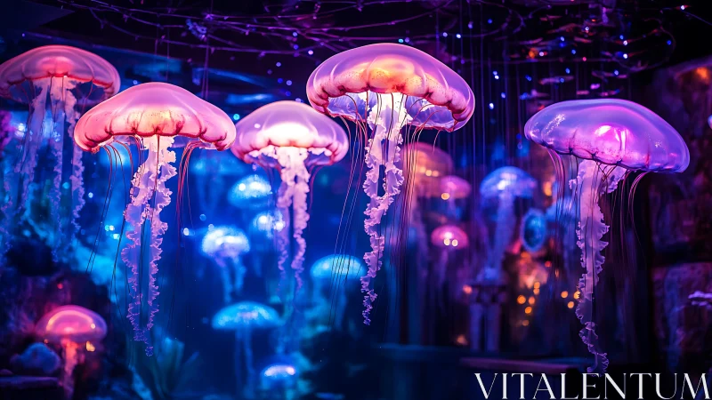 Translucent jellyfish float in a controlled illuminated display