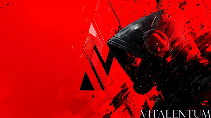 Black sci fi helmeted figure emerges from red abstract field