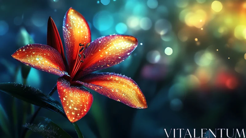 Orange lily flower glows with water droplets in bokeh light