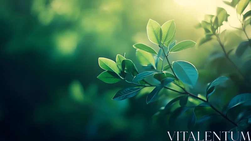 Sunlit green leaves in soft focus, tranquil nature photography style.