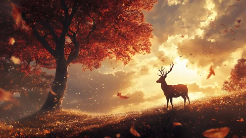 Stag stands under blazing autumn tree at golden sunset