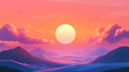 Radiant pastel sun settles gently over dreamlike ridges