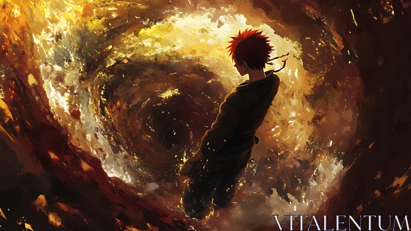 Whirlwind embers cradle a lone hero on the brink of dawn