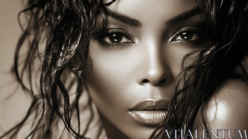 Sepia beauty portrait with glossy lips and wet curls