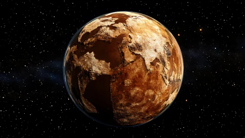 Rust-colored terrestrial planet rotates alone in star field