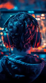 Neon-soaked gamer silhouette wired into midnight worlds.