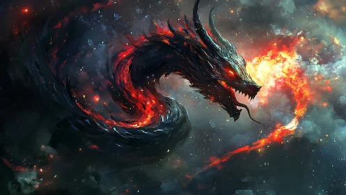 Digital painting of a cosmic fire dragon in vortex composition.