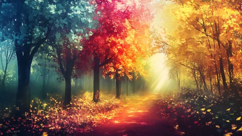 Autumn forest path glows under radiant golden sunlight.