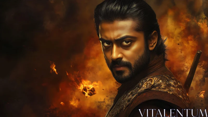 Smoldering warrior portrait amid swirling cinematic flames.