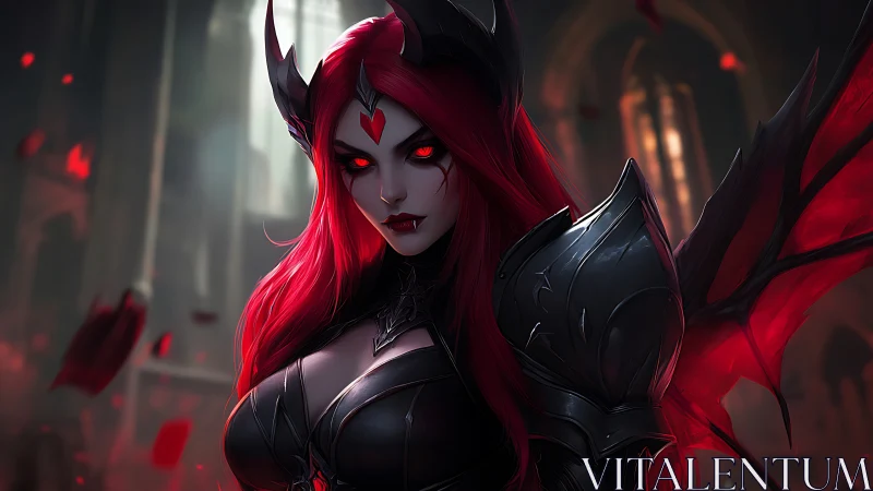 Dark winged demon warrior with red hair and glowing eyes.