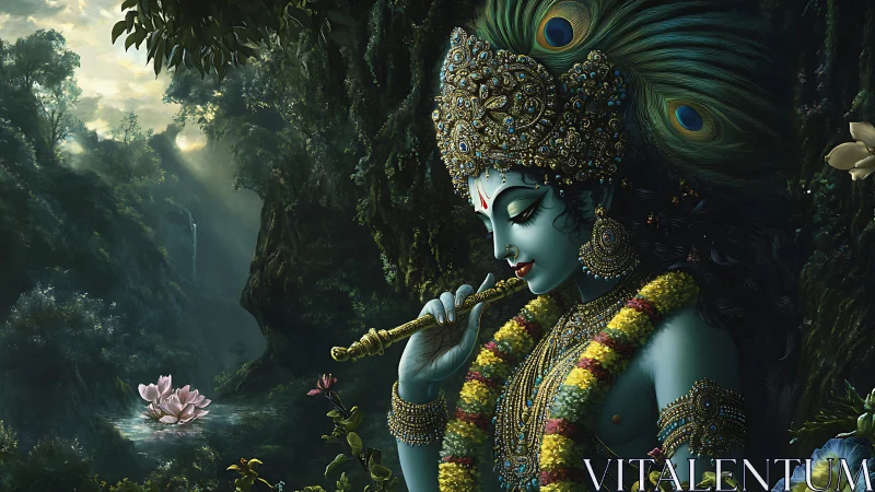 Divine blue deity playing flute in luminous forest grove.